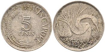 Сингапур 5 центов 1972 большая белая цапля KM 2 медно-никель    4594-1056