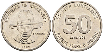 Никарагуа 50 сентаво 1983 KM 42a, Schoen 44a сталь плакированная никелем 4118-116