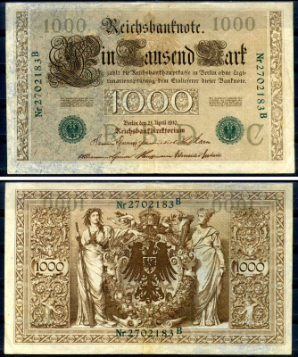 Германия 1000 марок 1910 21 апреля 1910, зеленая печать, номер семизначный, серия B, буква C, выпуск АПРЕЛЬ - ИЮЛЬ 1918 Pick 45 b бумага 8618-54-1-2