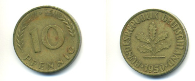 ФРГ 10 ПФЕННИГОВ 1950 D KM 108, J. 383 сталь плакированная латунью 80-323