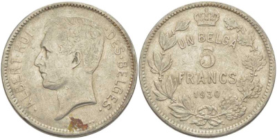 БЕЛЬГИЯ 5 ФРАНКОВ 1930 АЛЬБЕРТ I, DES BELGES KM 97.1 никель 3851-113
