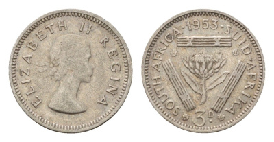 ЮАР 3 пенса 1953 Елизавета II (1952-2022) KM 47 серебро 4547-348