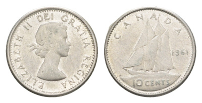 Канада 10 центов 1961 Елизавета II (1952-2022), парусник KM 51 серебро 4651-344