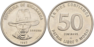 Никарагуа 50 сентаво 1983 KM 42a, Schoen 44a сталь плакированная никелем 4118-116