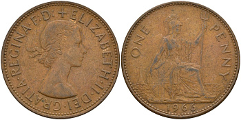 Великобритания 1 пенни 1966 Елизавета II (1952-2022) КМ 897, Spink 4157 бронза 4144-933