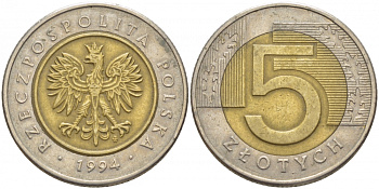 Польша 5 злотых 1994 MW KM 284 биметалл 175-1217