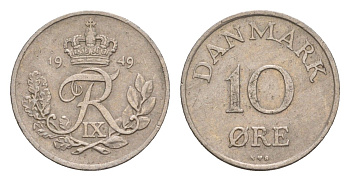 Дания 10 эре 1949 N, Фредерик IX (1947-1972) KM 841 медно-никель 4658-311