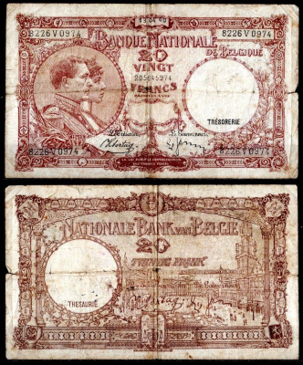 Бельгия 20 франков 1940 Pick 111 бумага 7457-31-3-1