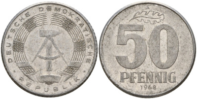ГДР 50 пфеннигов 1968 A KM 12.2 алюминий 113-423
