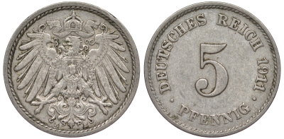 Германия 5 пфеннигов 1911 A KM 11, J. 12, Weege 6 медно-никель 25-1831