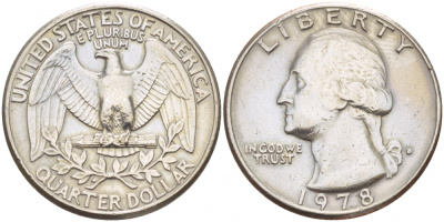 США 25 центов (квотер) 1978 D, Вашингтон KM А164а медь плакированная медно-никелем 4546-1255