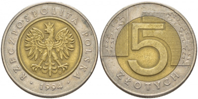 Польша 5 злотых 1994 MW KM 284 биметалл 175-1217