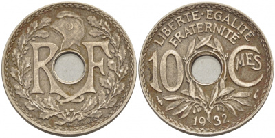 ФРАНЦИЯ 10 САНТИМОВ 1932 ТИП ЛИНДАЙЁ KM 886а медно-никель 67-532