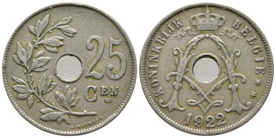 Бельгия 25 сантимов 1922 Belgie, Альберт I (1909-1934) KM 69 медно-никель 177-1037