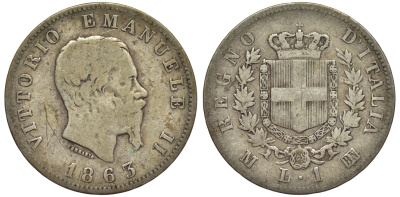Италия 1 лира 1863 M-BN, Виктор Эммануил II KM 5a.1 серебро 27-1255