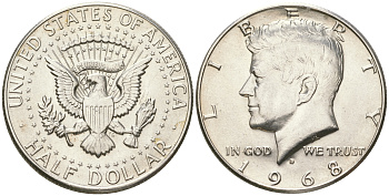 США 1/2 доллара (50 центов) 1968 D, Джон Кеннеди KM 202a серебро  UNC  4178-1023