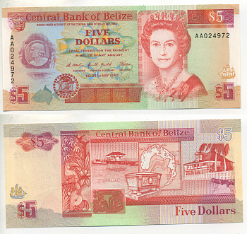 Белиз 5 долларов 1990 серия АА, Елизавета II Pick 53a бумага UNC (пресс) 7457-18-2