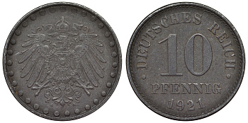Германия 10 пфеннигов 1921 A KM 20, J. 298 железо 4119-252