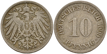 Германия 10 пфеннигов 1900 F J. 13,  KM 12 медно-никель    4603-611