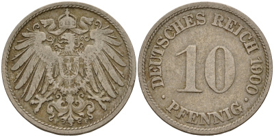 Германия 10 пфеннигов 1900 F J. 13,  KM 12 медно-никель    4603-611