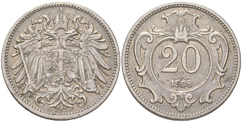 Австрия 20 геллеров 1908 Франц Иосиф I (1848-1916) KM 2803 никель 4613-1164