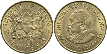 Кения 10 центов 1971 Джомо Кениата KM 11 никель латунь 4526-1121