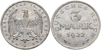 Германия 3 марки 1922 Е, третья годовщина Веймарской Конституции KM 29, J.303 алюминий UNC 4574-812