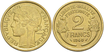 ФРАНЦИЯ 2 ФРАНКА 1940 ТИП MORLON KM 886, LE FRANC 268.13 алюминиевая бронза 180-525