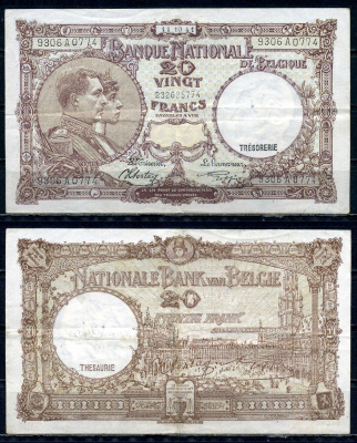 Бельгия 20 франков 1941 11.10.1941, Король Альберт I и его жена Королева Елизавета, Гран-Плас / Гроте Маркт, Брюссель Pick 111 (2) бумага 6301-27-1-2
