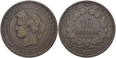 ФРАНЦИЯ 10 САНТИМОВ 1874 А, ТРЕТЬЯ РЕСПУБЛИКА (1871-1940) KM 815.1, LA FRANC 135.12 бронза 97-1035