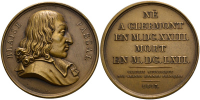 Франция медаль 1817 серия "Великие французы", Блез Паскаль, медальер Клод Дюбуи, диаметр 41 мм., поздний чекан бронза 00-00