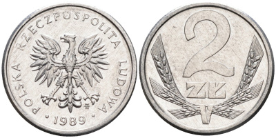 Польша 2 злотых 1989 MW, Народная Республика KM 80.3, Parchimowicz 219a алюминий UNC 4580-767