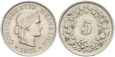 Швейцария 5 раппенов 1971 KM 26 медно-никель 4608-462