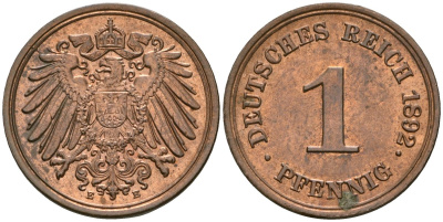 Германия 1 пфенниг 1892 E, Вильгельм II (1888-1918) KM 10, J. 10 медь 4608-613