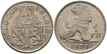 Бельгия 1 франк 1939 Belgique - Belgie KM 119 никель 4603-1241