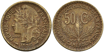 Камерун 50 сантимов 1926 (a), мондвор Париж KM 1 алюминиевая бронза 4169-755