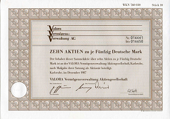 ФРГ 500 марок 1987 Акционерное общество по управлению активами Valora, десять акций   бумага  8803-112-1