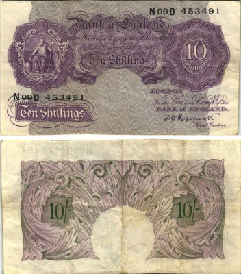 АНГЛИЯ 10 ШИЛЛИНГОВ 1948-1949 СИРЕНЕВАЯ, ПОДПИСЬ K.O. PEPPIATT Pick 368a бумага 7207-30-3