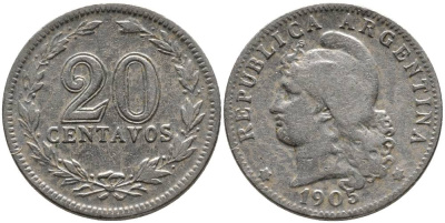 Аргентина 20 сентаво 1905 голова свободы влево KM 36 медно-никель 4525-827