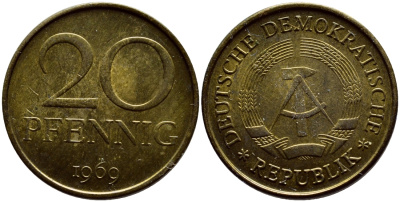 ГДР 20 пфеннигов 1969 А, первый год KM 11 латунь UNC 4398-1137