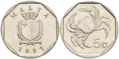 Мальта 5 центов 1991 краб KM 95 медно-никель 4588-115