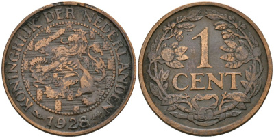 Нидерланды 1 цент 1928 Вильгельмина (1890-1948) KM 152 бронза 4576-1115