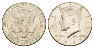 США 1/2 доллара (50 центов) 1995 P, Джон Кеннеди KM A202b медь плакированная медно-никелем aUNC 4517-743