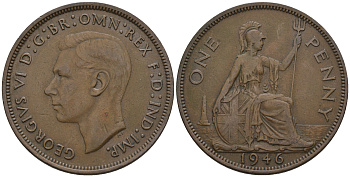 Великобритания 1 пенни 1946 Георг VI (1936-1952) KM 845, Spink 4114 бронза 4607-1131