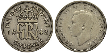 Великобритания 6 пенсов 1942 Георг VI (1936-1952) KM 852, Spink 4084 серебро 4538-512