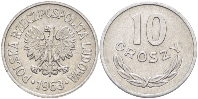 ПОЛЬША 10 ГРОШЕЙ 1963 MW KM AA47, Parchimowicz 206c алюминий XF 4181-216