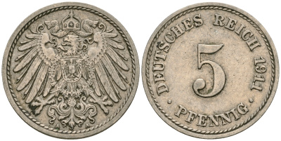 Германия 5 пфеннигов 1911 A KM 11, J. 12, Weege 6 медно-никель 4608-947