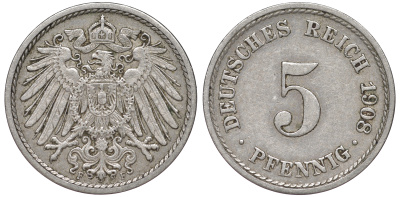 Германия 5 пфеннигов 1908 F KM 11, Jager 12, Weege 6 медно-никель 45-1132