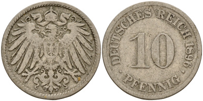 Германия 10 пфеннигов 1896 D J. 13,  KM 12 медно-никель    4603-516