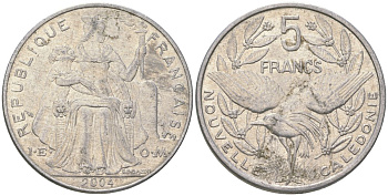Французская Новая Каледония 5 франков 2004 птица кагу, (IEOM) KM 16, Schoen 12, Lec 81i алюминий 189-1221